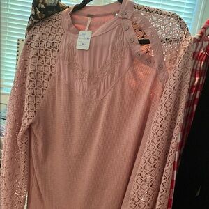 Free People Pink Lace Long Sleeve Top